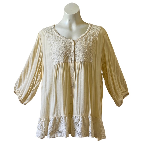 April Cornell Top Women's Flowy Lace Ruffle Tunic Cream Ecru Off White Size XL - Picture 2 of 10